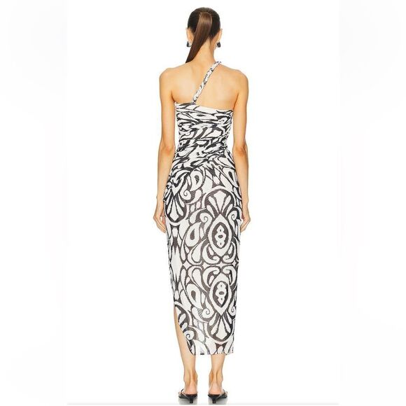 Nicholas Drue Draped Asymmetrical Midi Dress black white print braid Revolve 12 - Picture 3 of 14